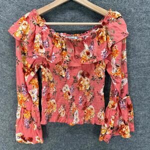 Almost Famous Blouse Women M Medium Pink Floral Long Sleeve Rayon Casual Stretch